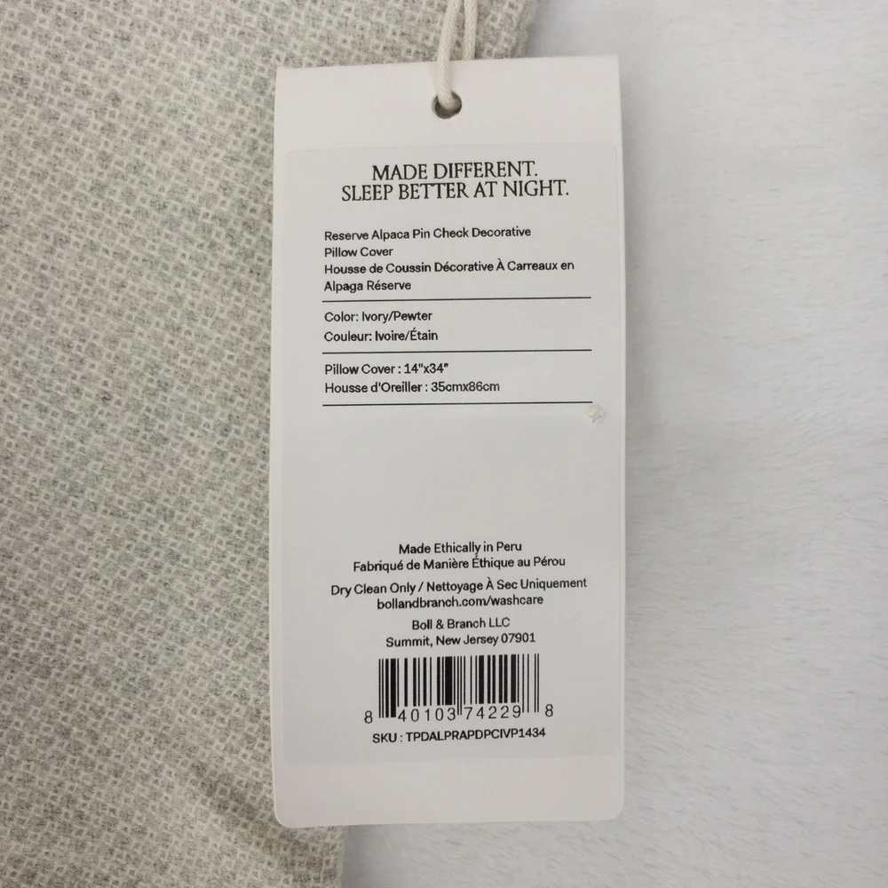 Boll & Branch Reserve Pin Check Decorative Pillow Cover 14x34 Grey‎ Baby Alpaca